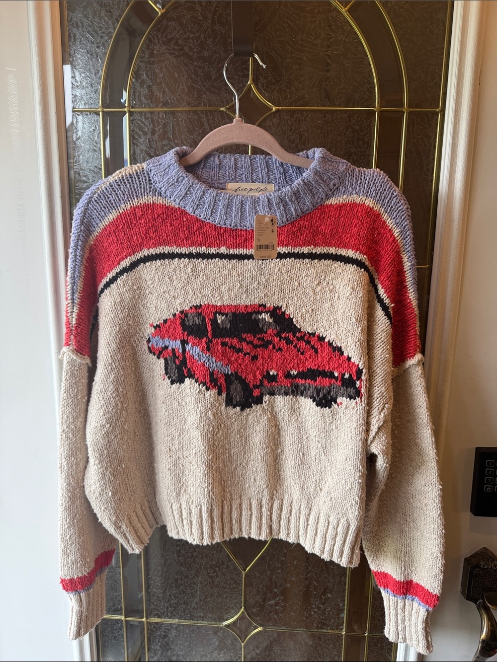 Free People RACE CAR COMBO Cream Sweater with Red Car Intarsia and Lavender- NWT